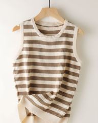 圓領寬鬆條紋吊帶背心女針織衫無袖上衣百搭休閒款女士夏季螺紋