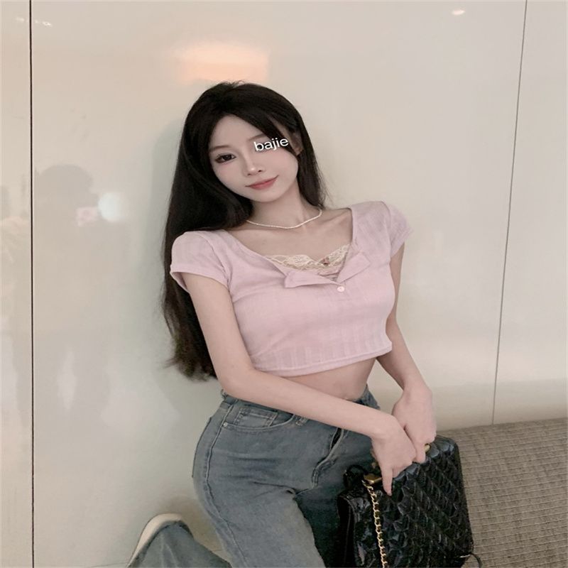 芭蕾風露鎖骨上衣法式短袖女夏季新款減齡漂亮洋氣小衫小個子T恤