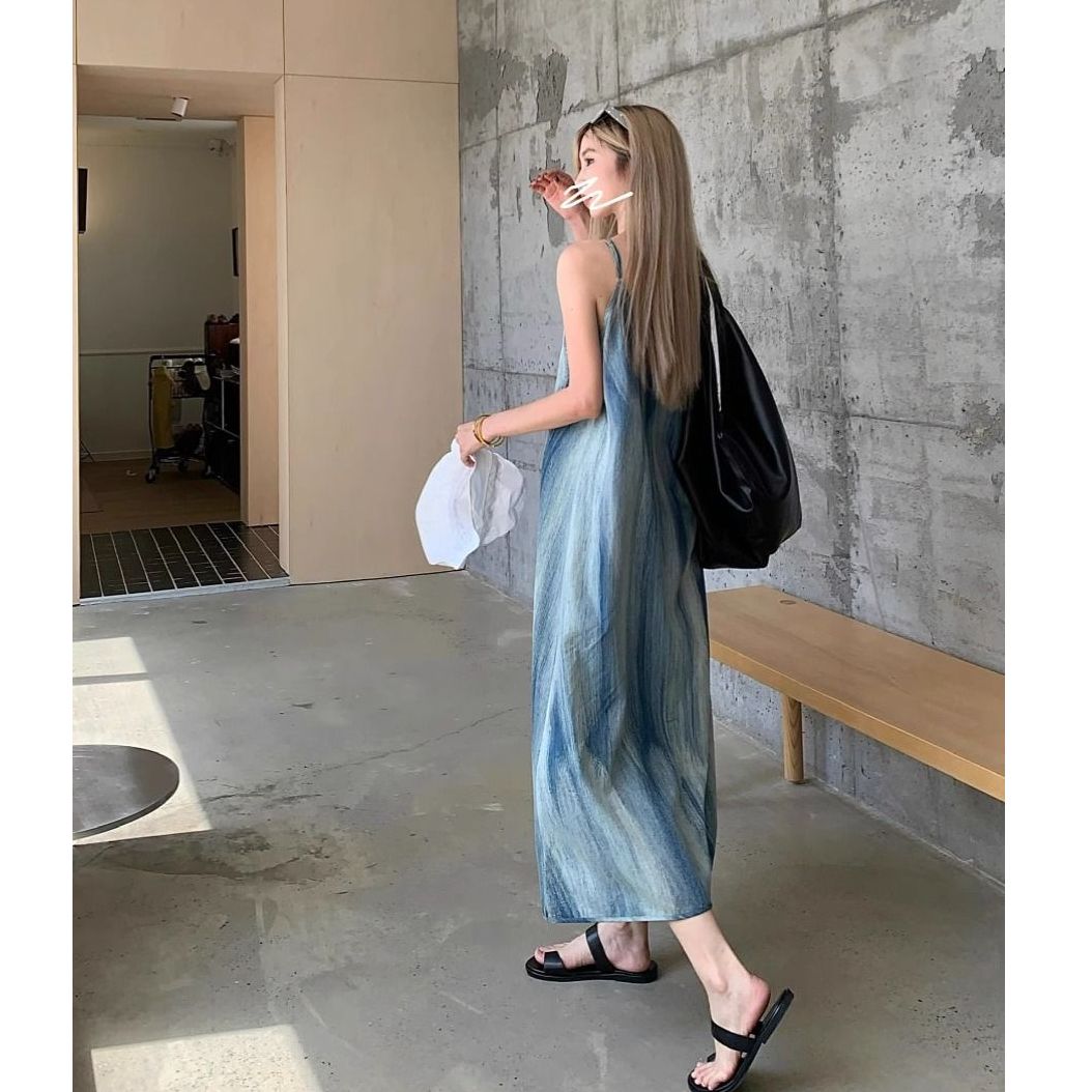 American retro suspender dress for women ins summer ins smudge denim blue niche loose long skirt