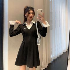 2025新款黑色長袖假兩件法式連衣裙女收腰設計感a字短裙子