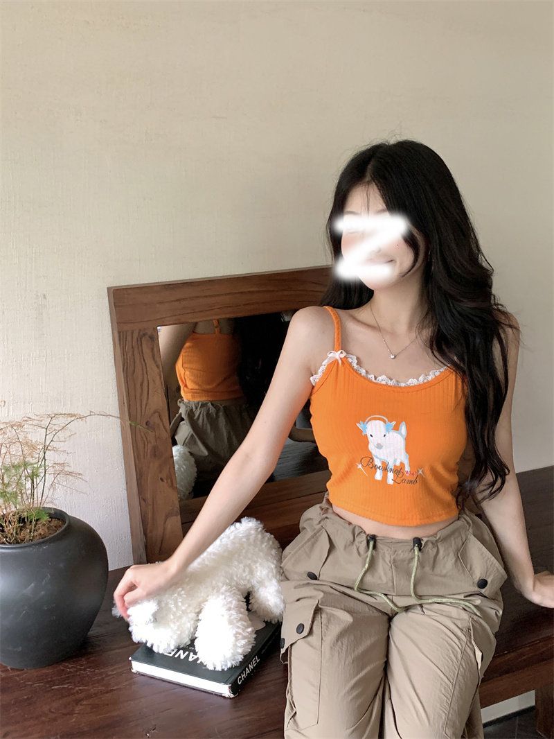 原版布料小羊印花吊帶背心修身辣妹短款露臍上衣女ins
