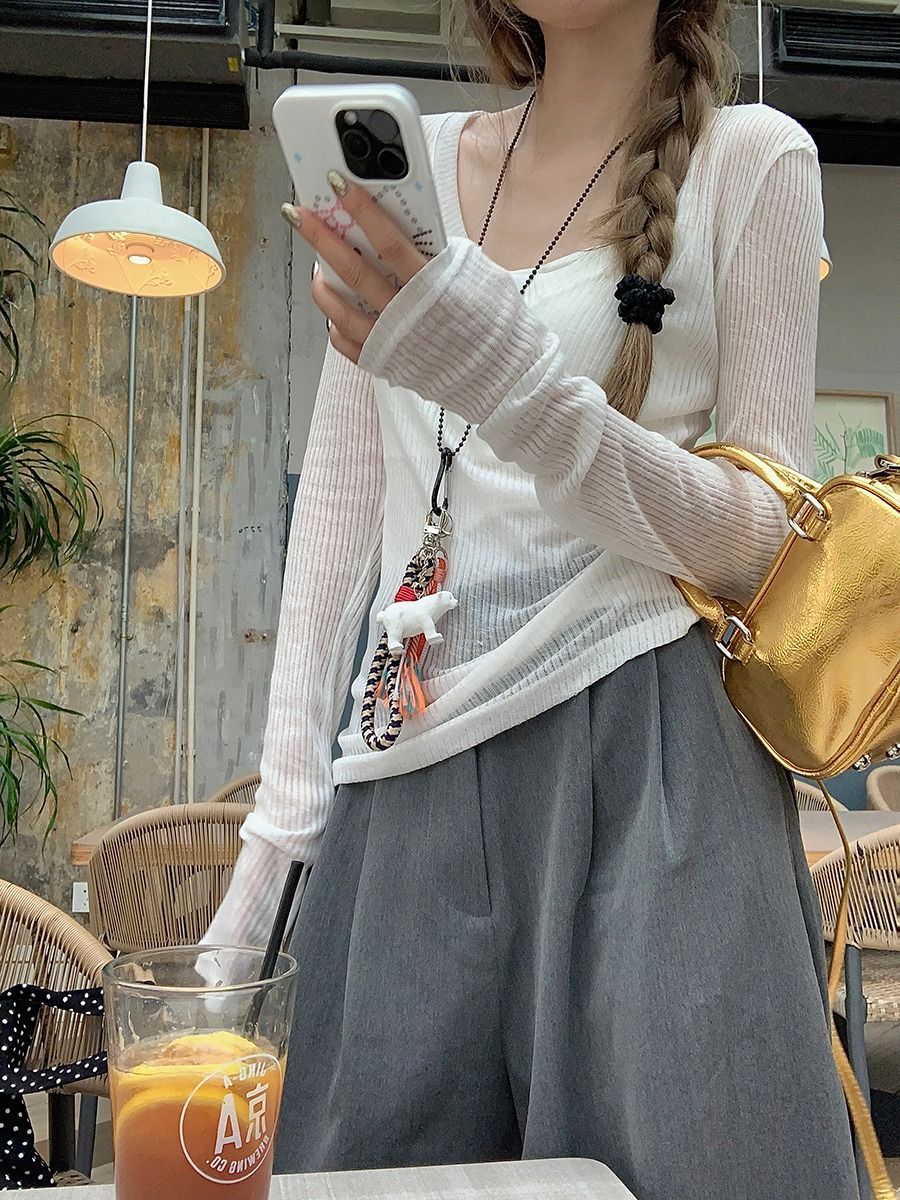 六個顏色 雪花天純欲辣妹套裝女小眾V領防曬罩衫T恤夏季