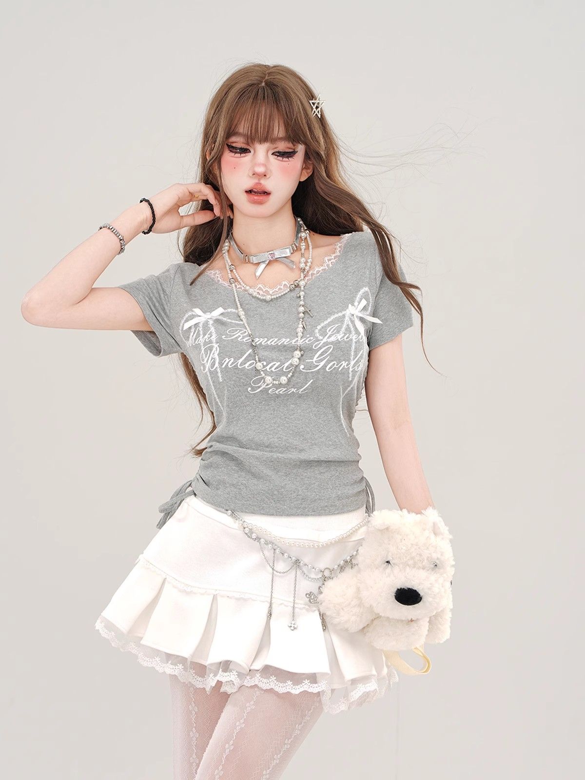 Rebellious Street Girl Lace Drawstring Short Sleeve T-Shirt Women's Summer Slimming Slim Top 