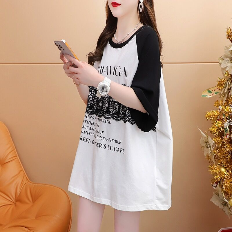 Pure cotton quality/ring-spinning pure cotton/rear collar/medium-length lace splicing short-sleeved T-shirt for women