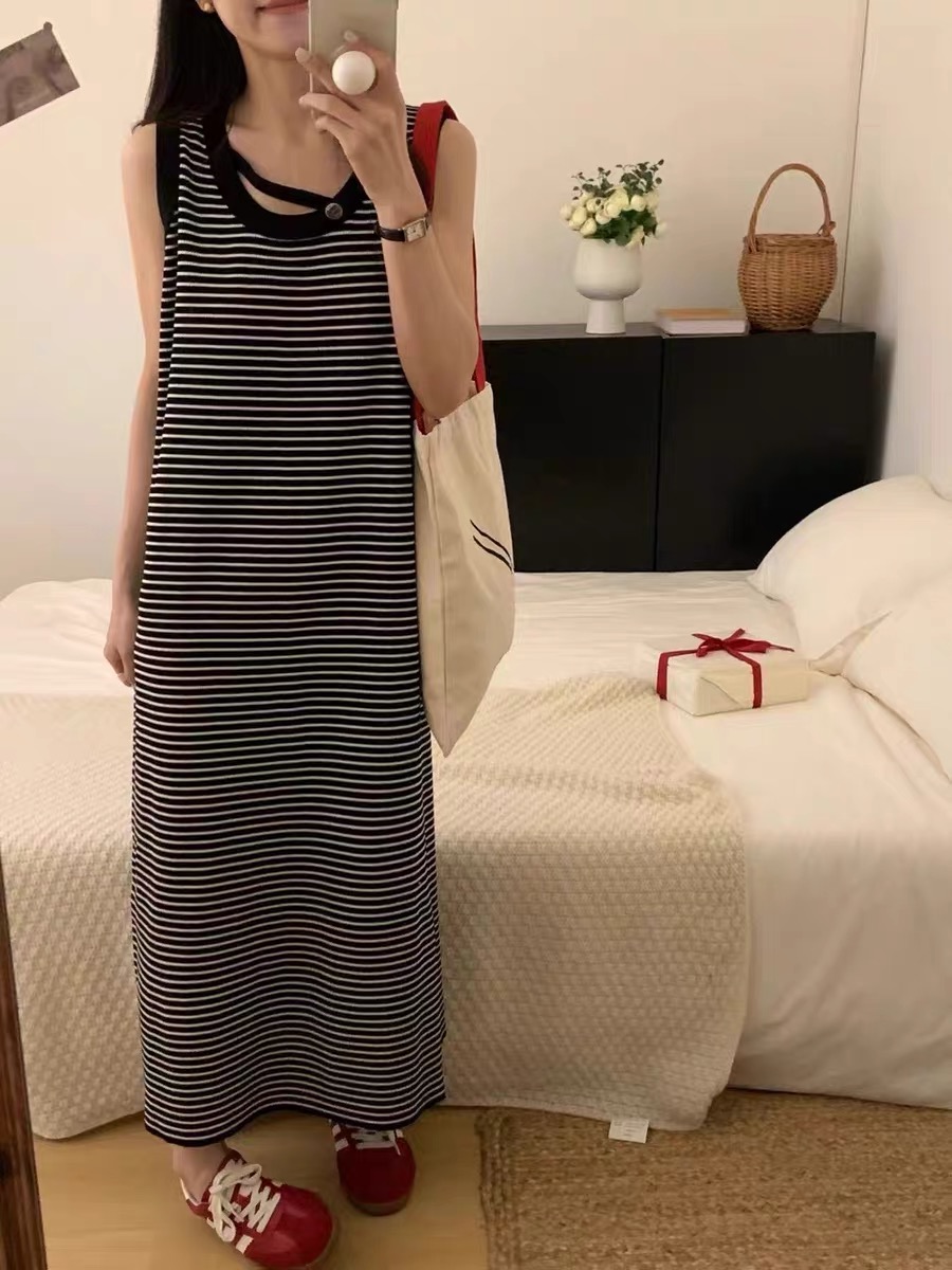 針織無袖條紋連衣裙長款女2025年夏季新款韓版寬鬆顯瘦直筒背心裙