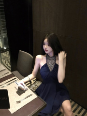 Real shot of sapphire girl with noble character, mesh + hot diamond embellished halter dress