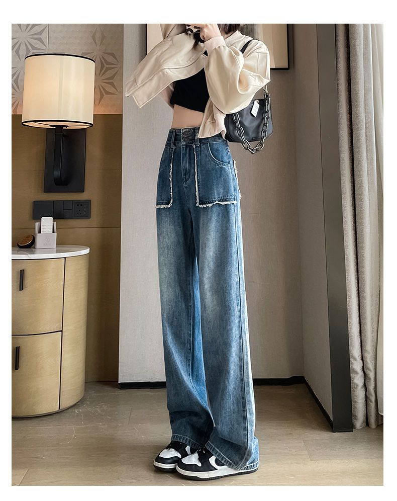 Design-sensory wool wide-leg jeans for women in summer, autumn and winter new style small high-waisted slim straight-leg pants