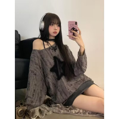 甜酷風星星鏤空長袖上衣女秋季寬鬆抽繩T恤潮