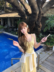 實拍~春季新款法式收腰碎花吊帶高級感長裙