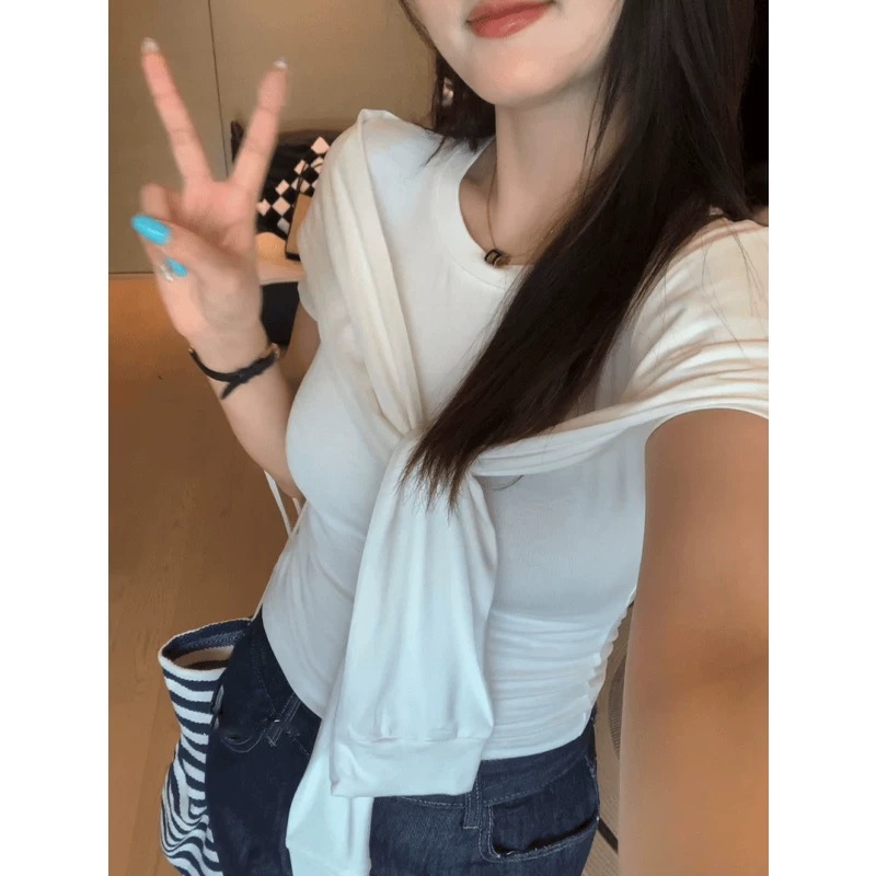 夏季辣妹風披肩假兩件圓領正肩短袖T恤女設計感綁帶上衣