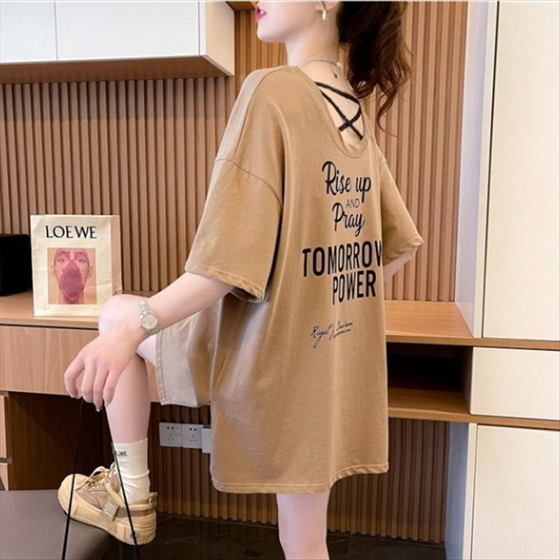 Pure cotton original quality/ring fixed cotton strap backless hem slit short-sleeved T-shirt for women