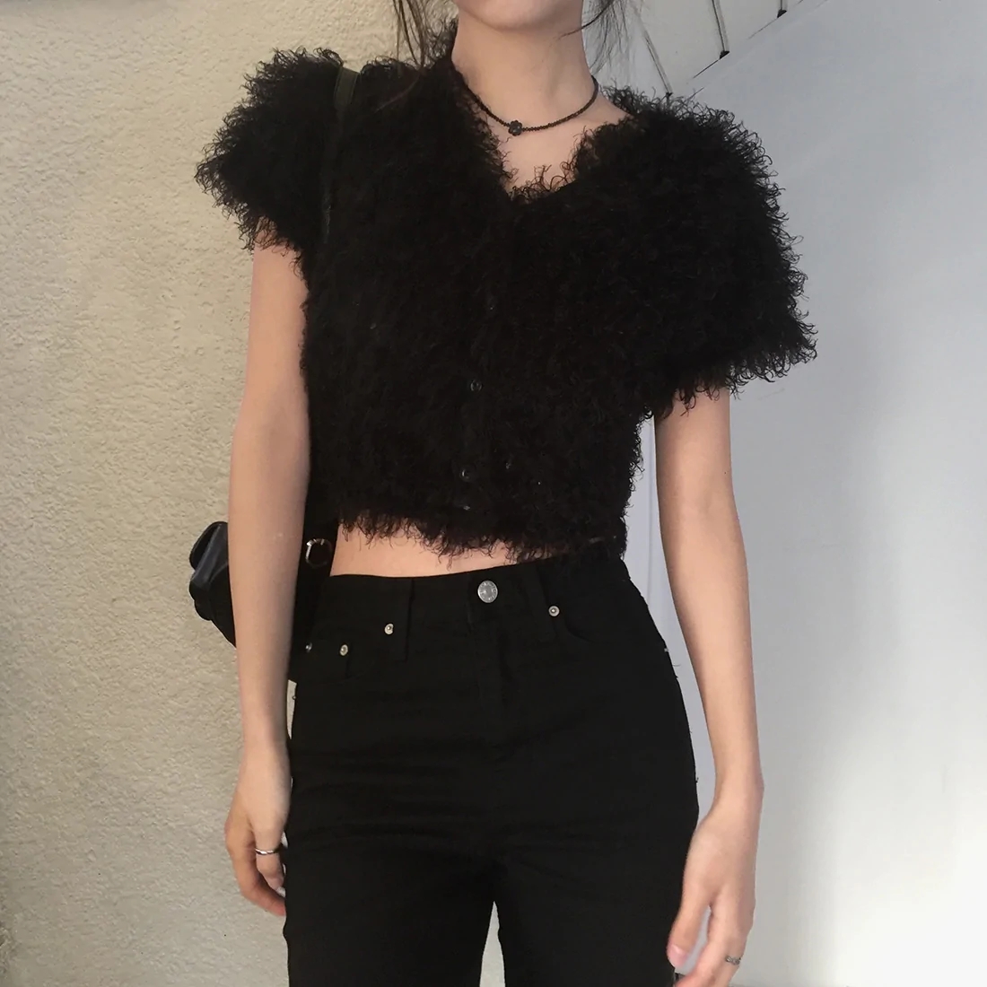 Korean chic versatile hairy short sweater jacket short sleeve knitted cardigan for women