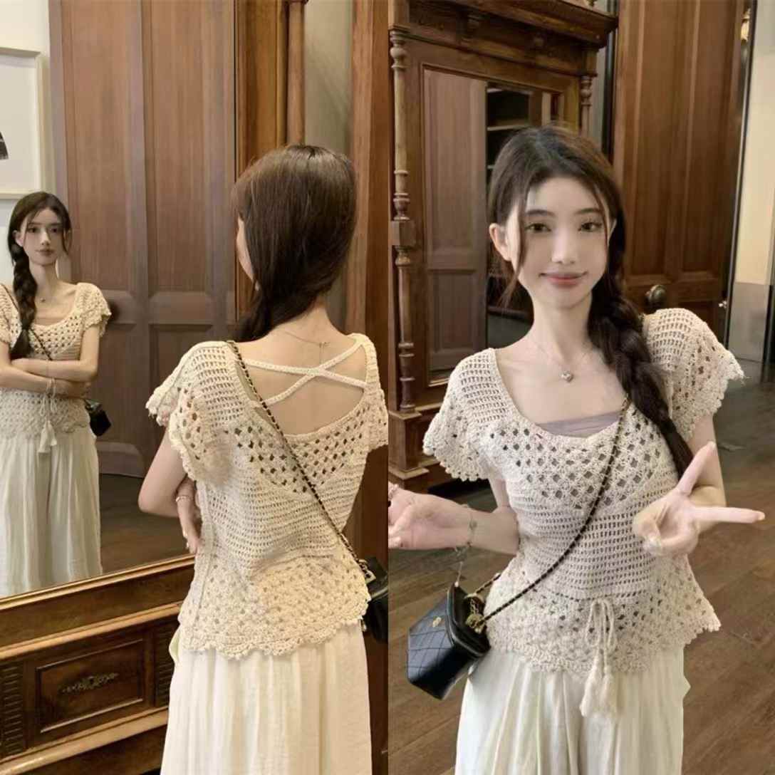 Niche design sense of sweet lace hook-up hollow chiffon shirt women's chic shirt top summer 2025 new style