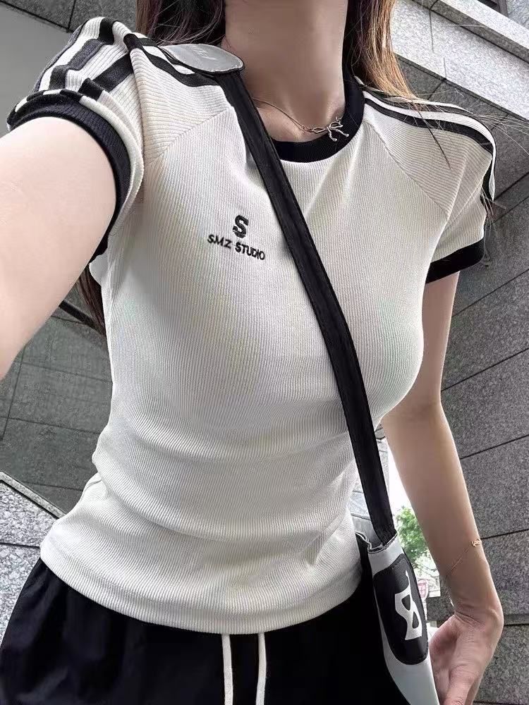 2*2隨心裁設計感小眾插肩條紋拼接短袖T恤女