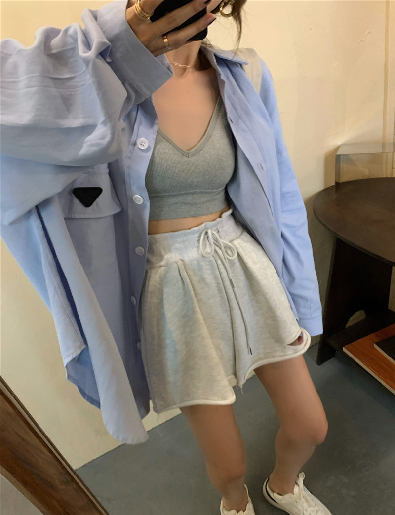 niche loose mid-length long sleeve shirt jacket bf lazy style blue top