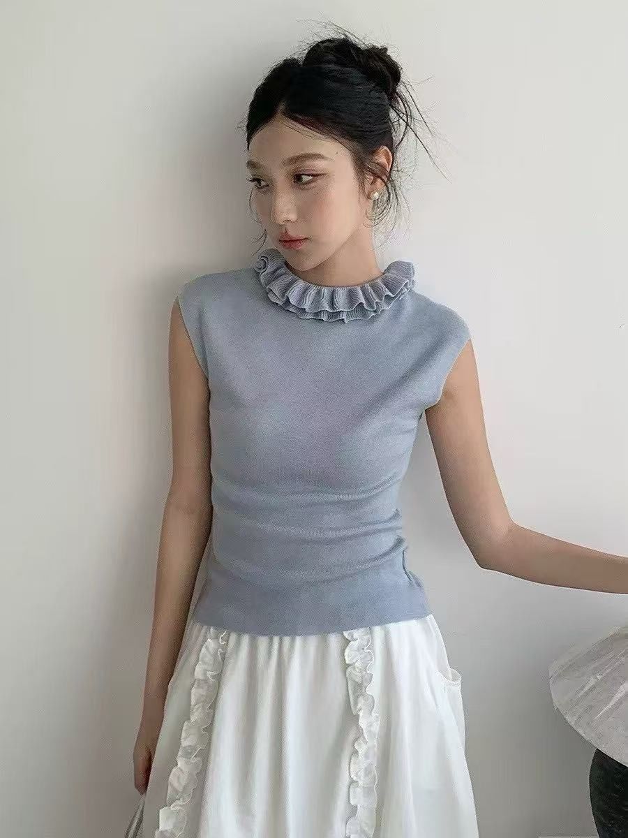 夏裝新款韓版優雅木耳邊領針織衫背心百搭修身顯瘦洋氣時尚打底衫