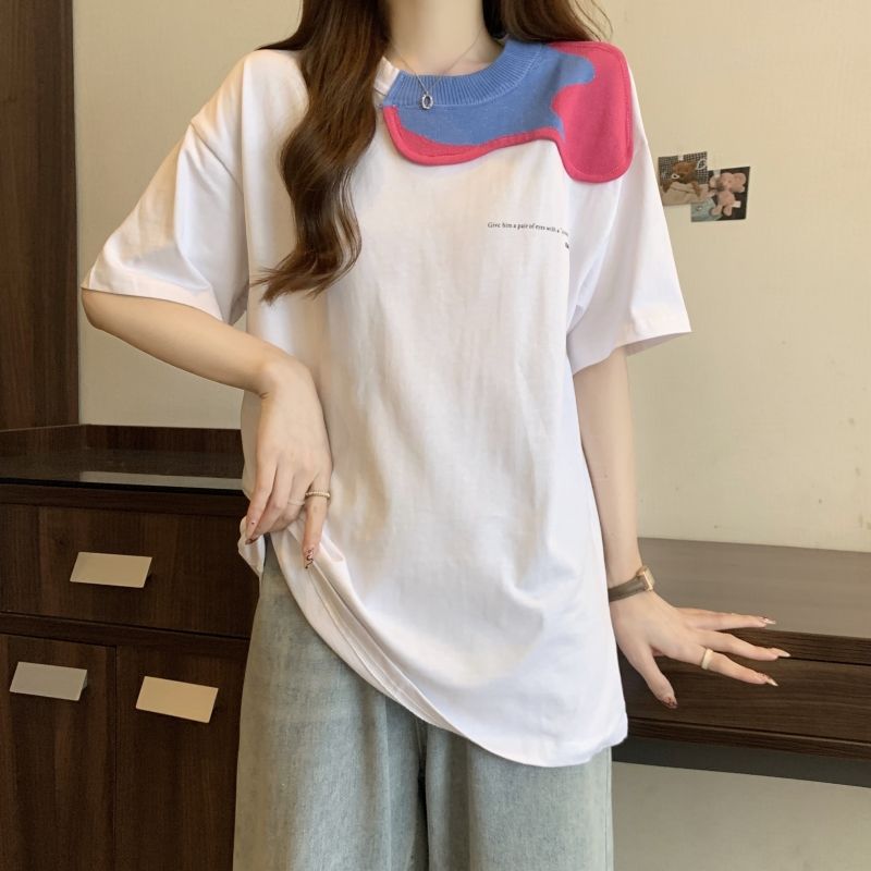 Real shot # 220g pure cotton 100% cotton summer short-sleeved T-shirt for women knitted collar splicing printing