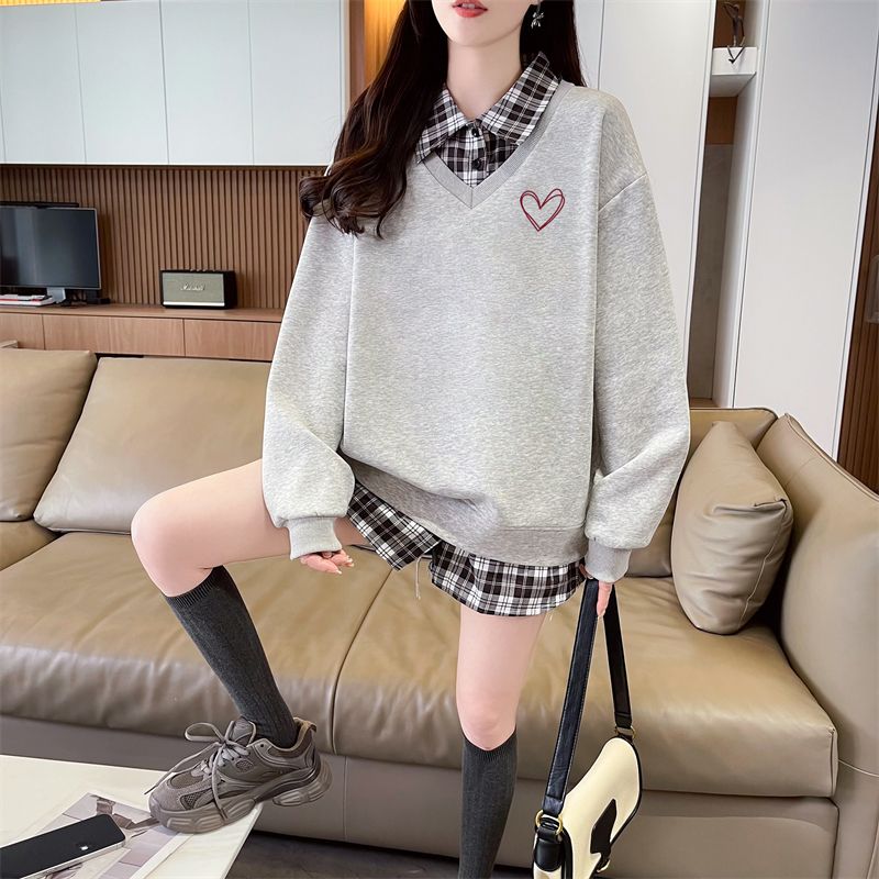 Real shot of 2025 spring and autumn back collar twill, thin top POLO collar plaid sweatshirt for women