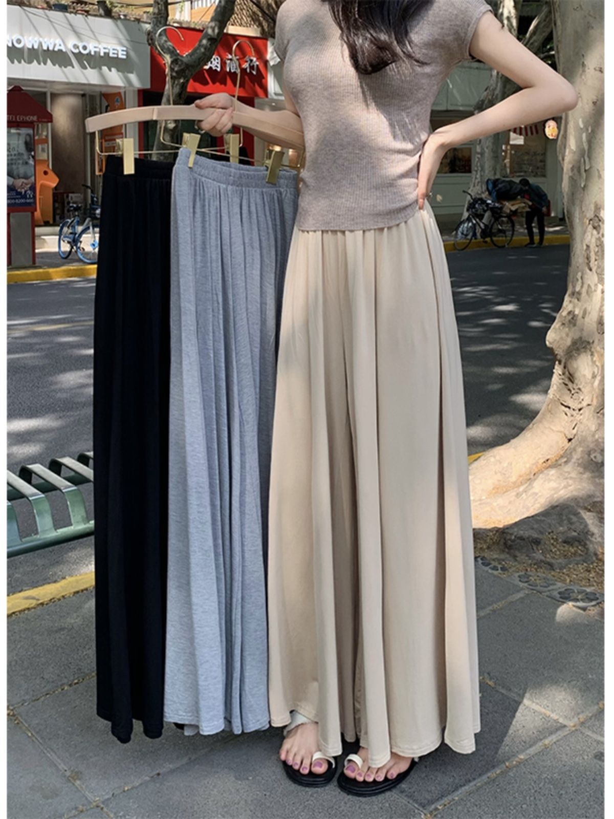High waist drooping wide-leg trousers for women in summer 2025 new ins style flutter loose solid color casual pants