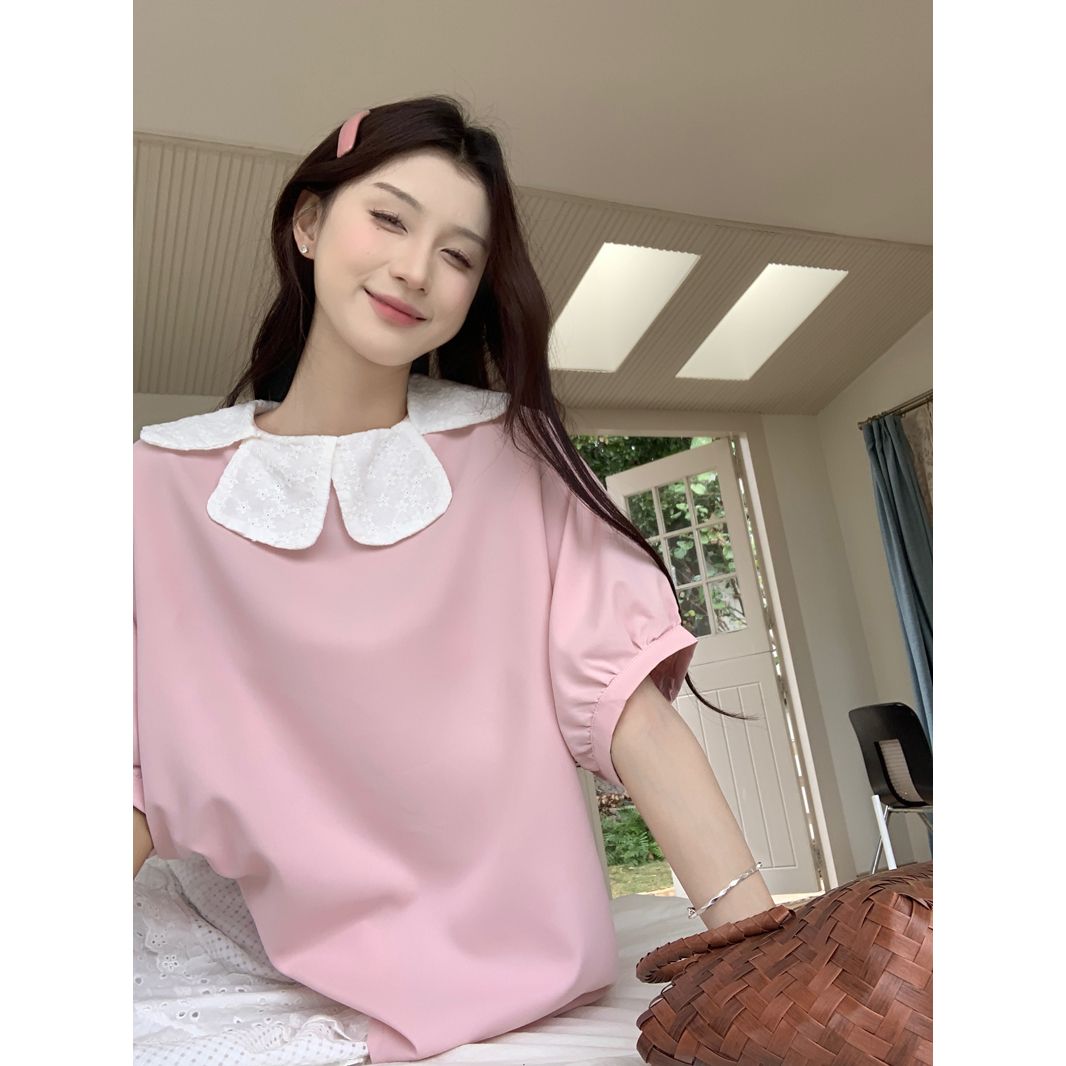 實拍甜美蕾絲花瓣領粉色襯衫女2025春夏新款設計感小眾寬鬆短袖上