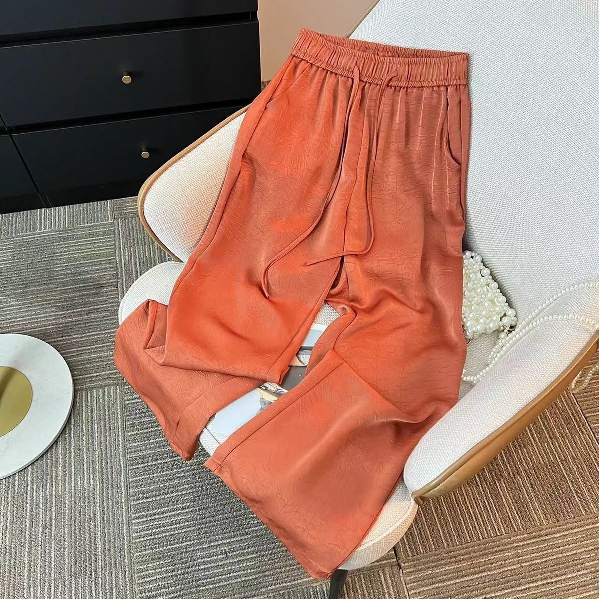 2025 new spring and autumn mulberry silk jacquard double-sided wrinkle gold label solid color satin jacquard narrow version straight wide-leg pants