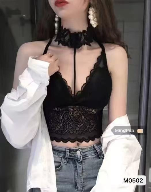 2025 spring and summer new hot girl halter neck lace sexy mattress beautiful back ins trendy Korean, Japanese, European and American street French inside wear W