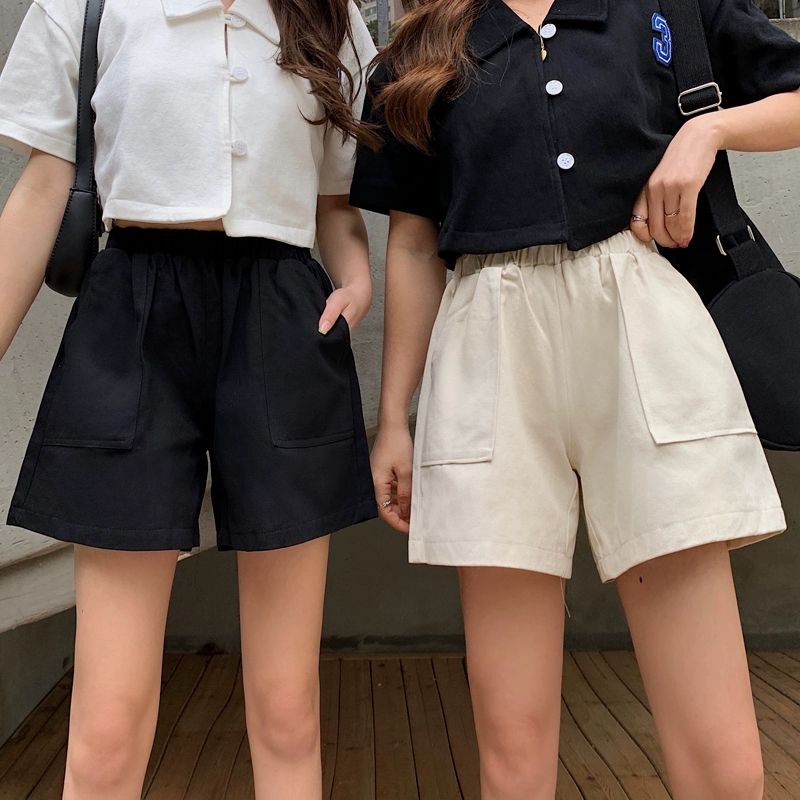 Real shot of large-size women's clothing 200 catties summer elastic waist slimming five-point pants high-waist casual shorts wide-leg pants