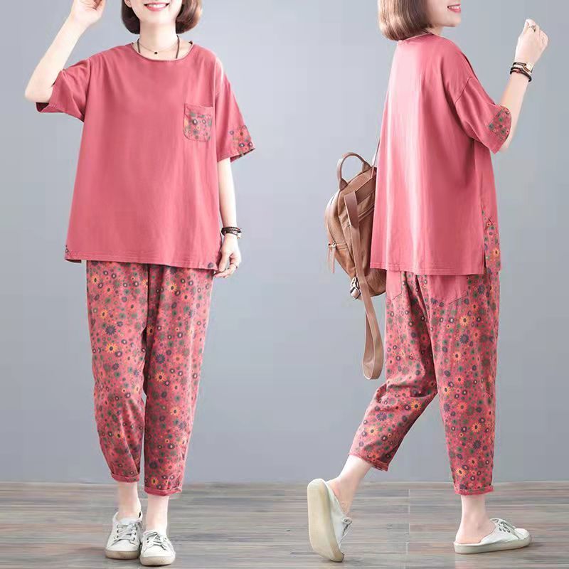 Fat mm plus size women's clothing for summer new loose casual and fashionable belly-covering fashion two-piece short-sleeved set