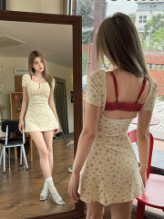 帶胸墊+260g人棉法式純欲性感露背碎花連衣裙設計感收腰顯瘦