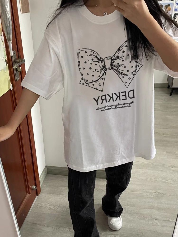 高品質純棉220克精梳緊密100%棉直播同品前印花寬鬆短袖t恤女