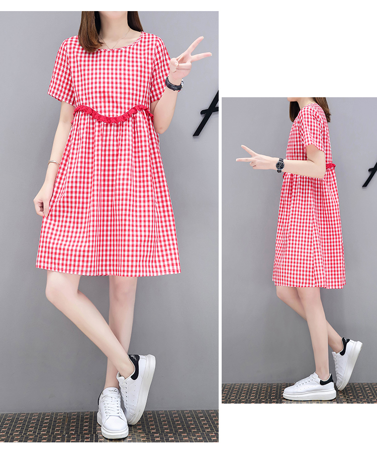 Summer mid-length plaid doll skirt large size loose and slim and fresh A-line dress for women