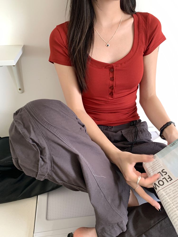 官圖 1*1隨心裁 260克紅色ins基礎款u領短袖t恤女短款上衣
