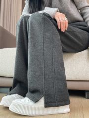 Original herringbone wide-leg pants for women new style wool slit pants straight-leg casual narrow version of banana pants