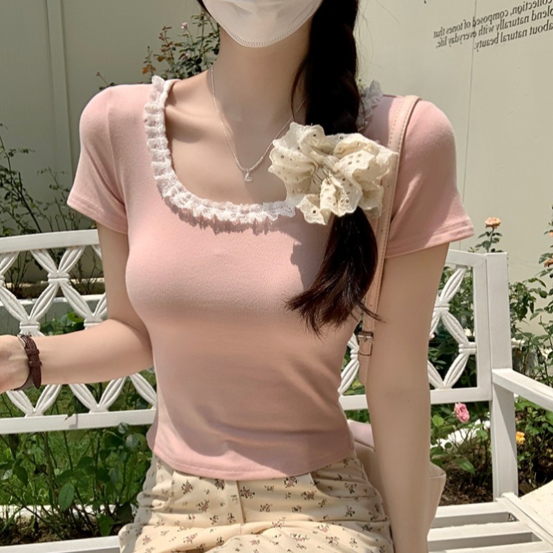 實拍1*1螺紋210克短袖t恤2025女夏短款甜美蕾絲正肩修身圓領上衣