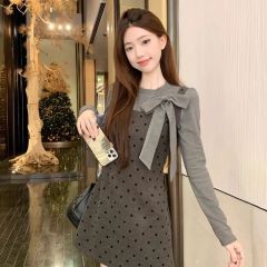 韓系疊穿波點吊帶連衣裙蝴蝶結氣質打底衫女冬季新款時尚套裝