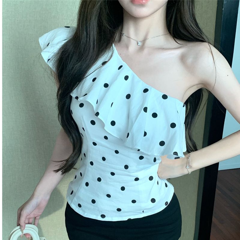 French ruffled polka dots slanted shoulder sleeveless vest women's summer slim design hot girl chic top