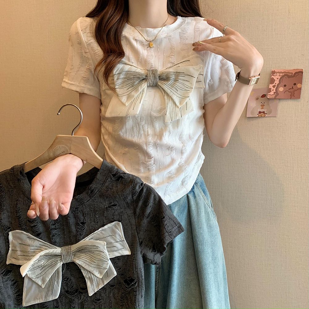 T恤女2025夏季收腰顯瘦破洞上衣MM蝴蝶結設計正肩體恤