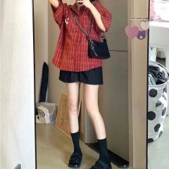 2025新款港風復古小眾個性紅色格子短袖襯衫上衣夏季防曬寬鬆外套