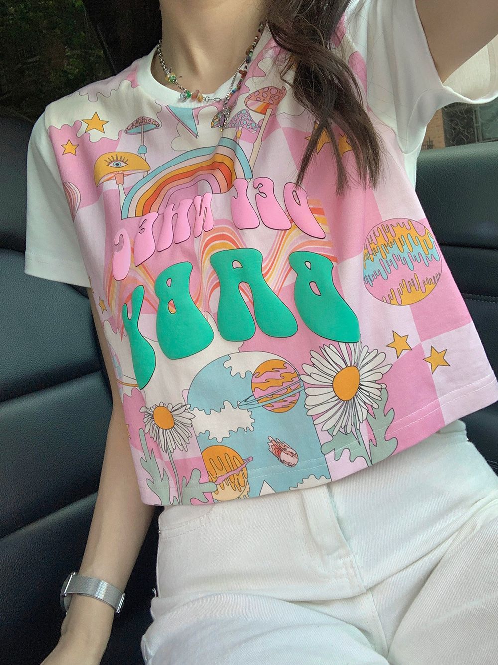 原版布料粉色短袖t恤女夏季小眾印花美式寬鬆短款上衣
