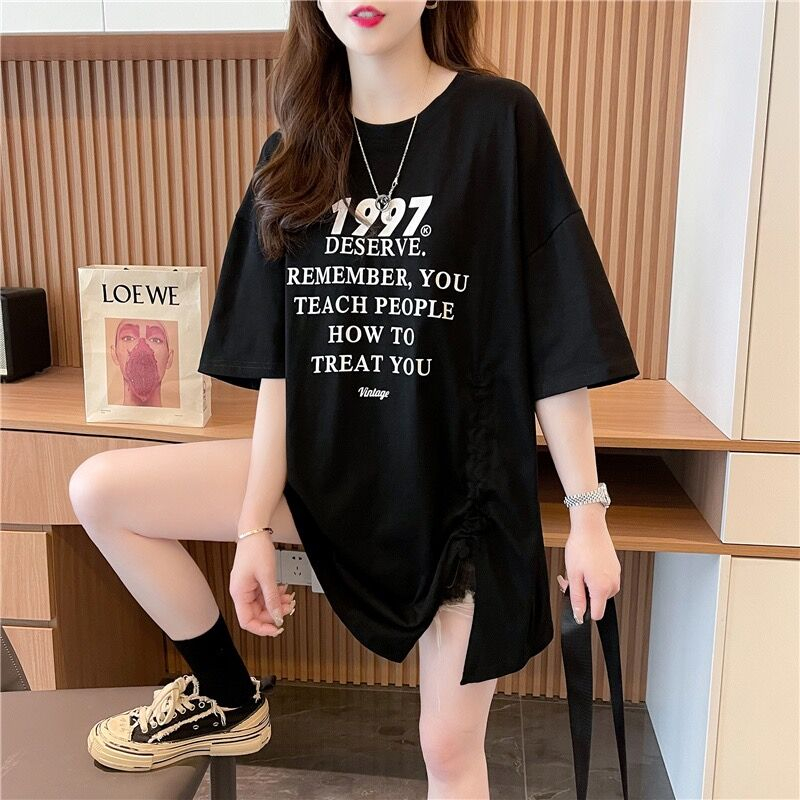 Pure cotton quality/close loop fixed spun pure cotton/rear collar/medium-length drawstring short-sleeved T-shirt for women