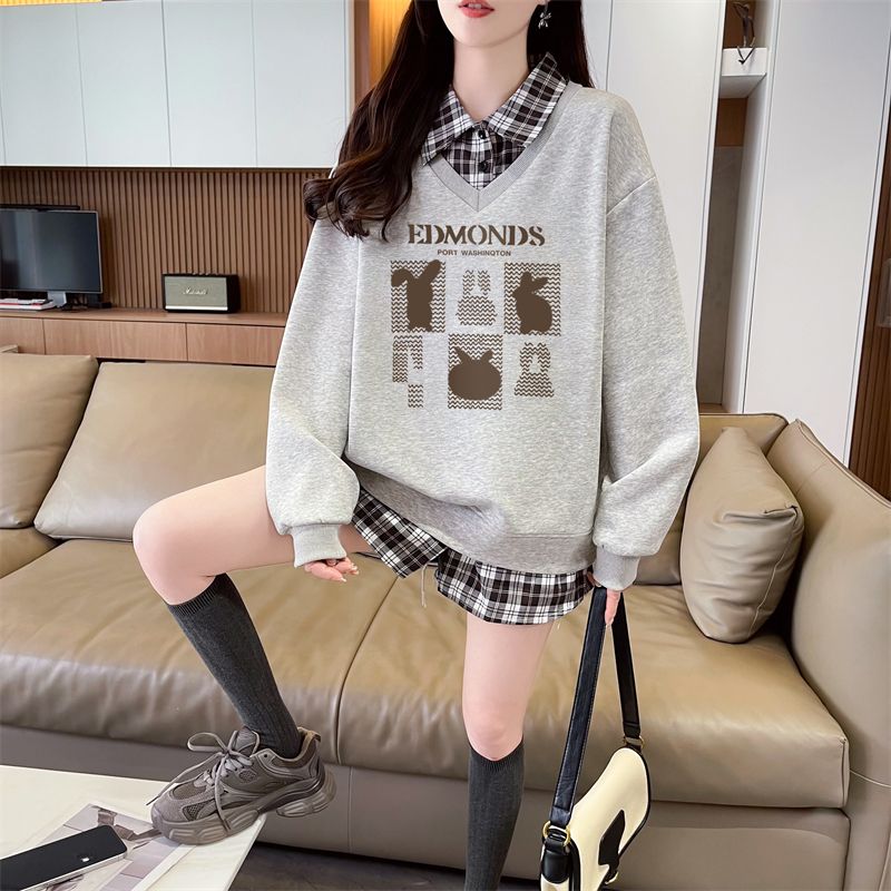 Real shot of 2025 spring and autumn back collar twill, thin top POLO collar plaid sweatshirt for women