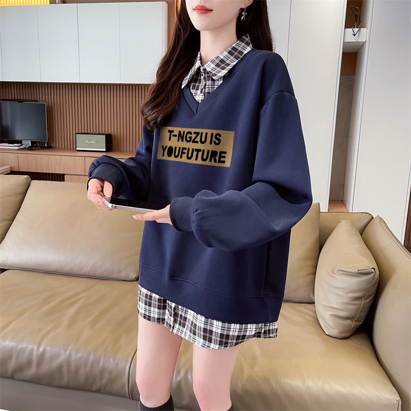 Real shot of 2025 spring and autumn back collar twill, thin top POLO collar plaid sweatshirt for women