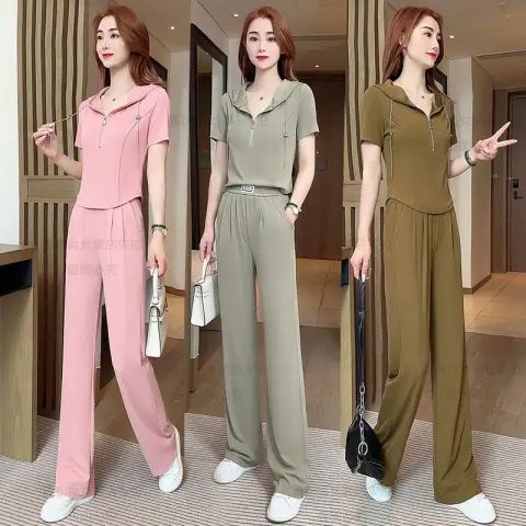 Fashion sport set women casual short sleeve wide leg pants women summer 2025 new fashion two-piece set slimming temperament