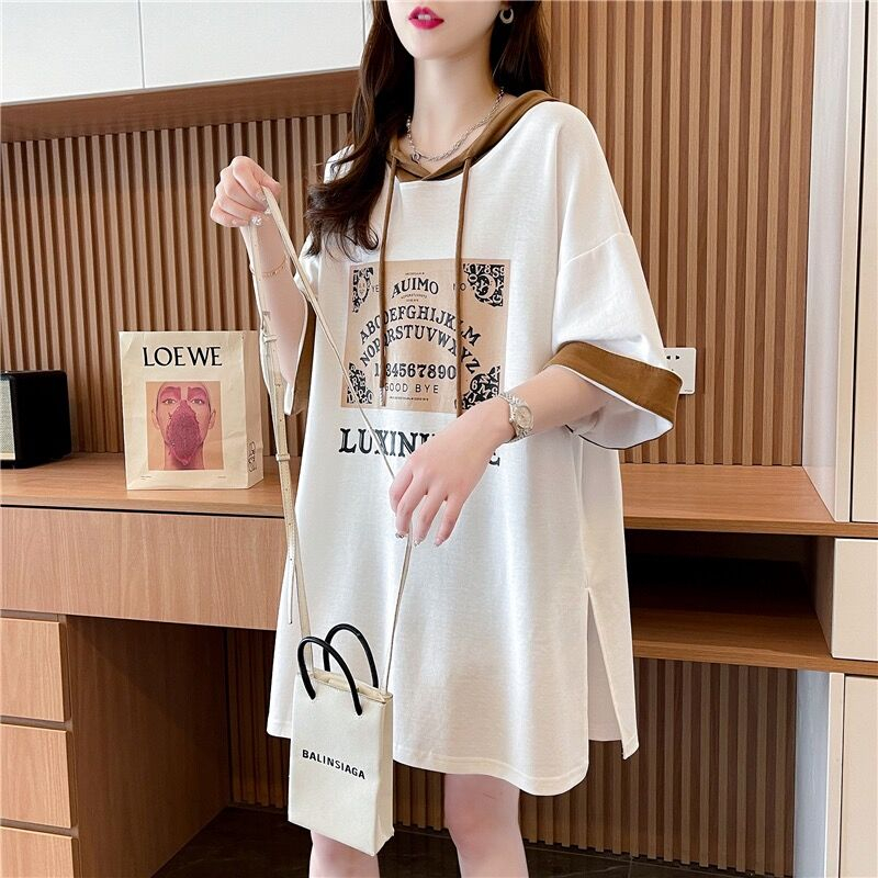 Pure cotton quality/ring-spinning pure cotton/rear collar/medium-length hooded splicing short-sleeved T-shirt for women