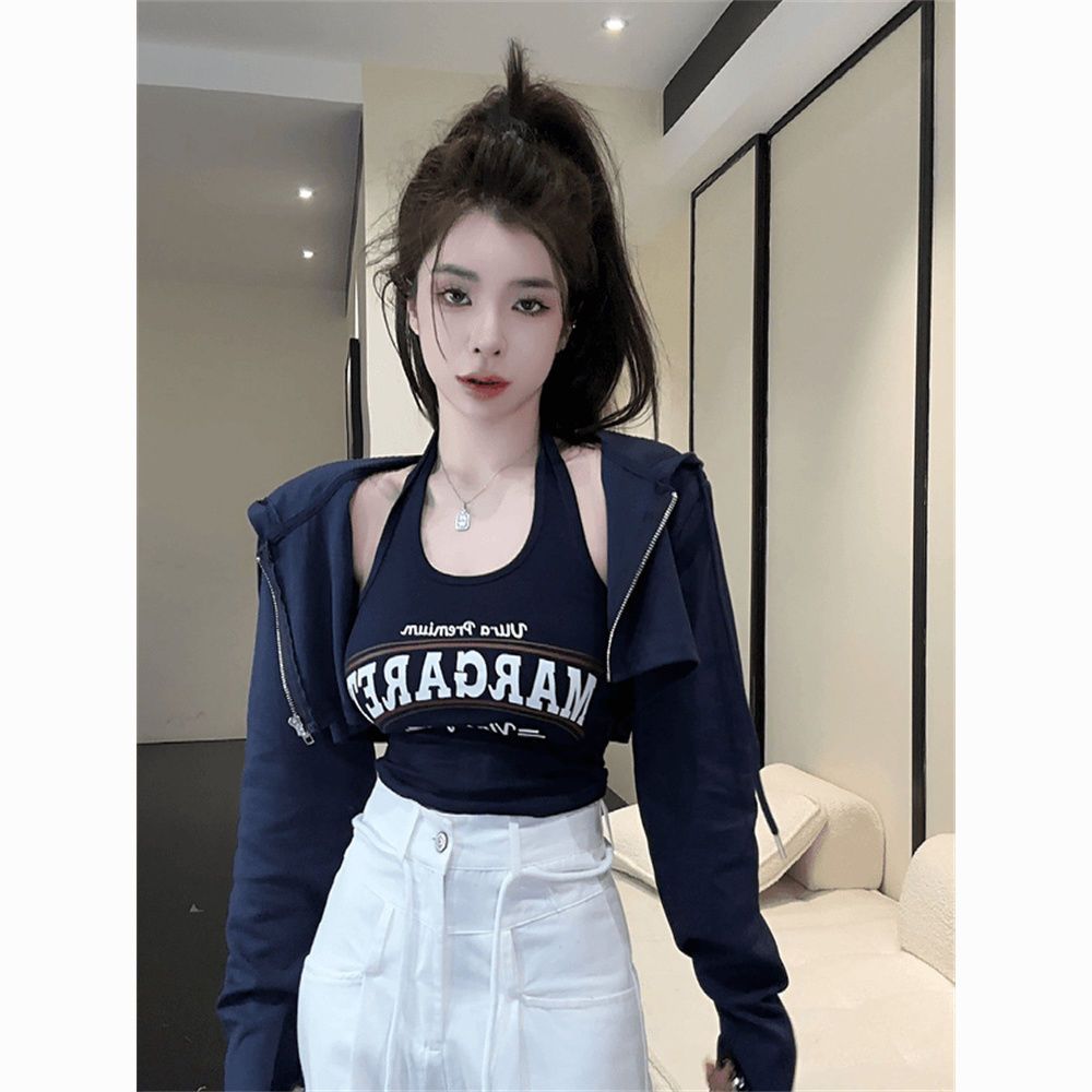 1*1  40支純棉連帽長袖外套修身掛脖背心兩件套女