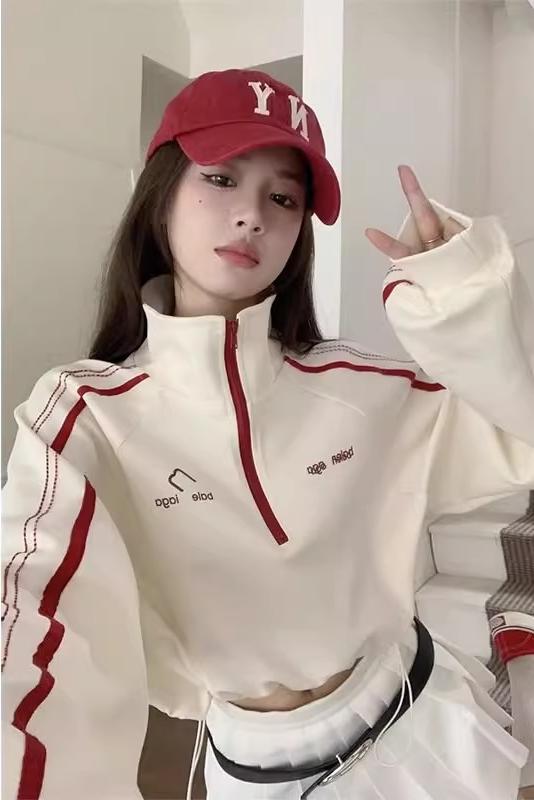 Original craftsmanship early spring collar-length long-sleeved color-blocked women's hoodie with design sense half-zip short-style casual top