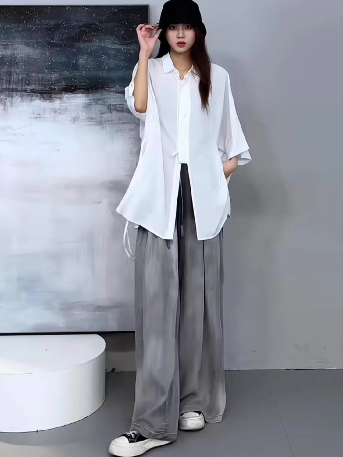 Gradient color loose and slim and versatile wide-leg floor pants black design shirt suit