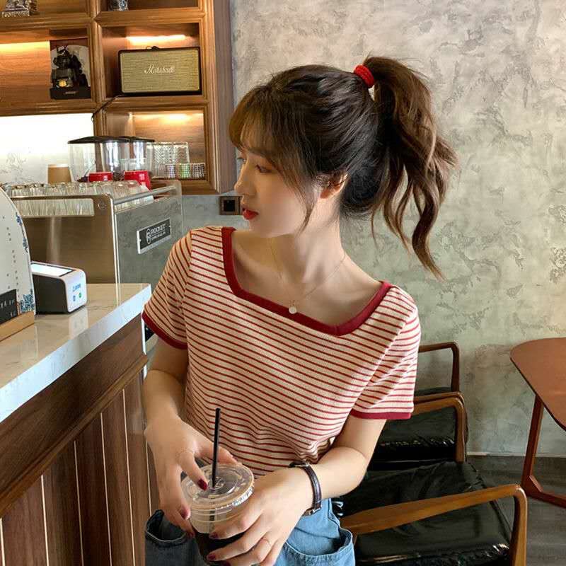 條紋短袖t恤女夏季新款學生方領韓版寬鬆百搭短款上衣ins潮