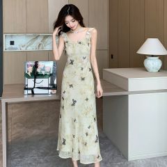 Butterfly printed lotus leaf v-neck suspender dress for women in summer beach vacation style waist-hugging long skirt