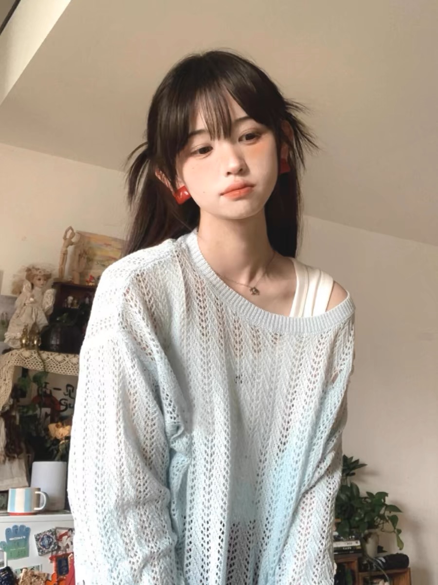 Lazy style design sense hollow sweater for women in summer loose and high-end sunscreen shirt suspender outer shirt top